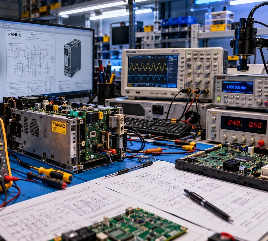 Bancada de laboratório de eletrônica industrial com osciloscópio, multímetro, gerador de funções, placas em reparo, documentação técnica e computador